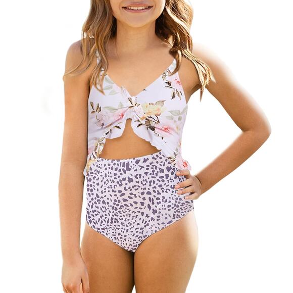 NWOT Girls Ruffle One Piece Cutout Swimsuits Floral High Waisted Tie Front Sz 13 - Picture 1 of 3